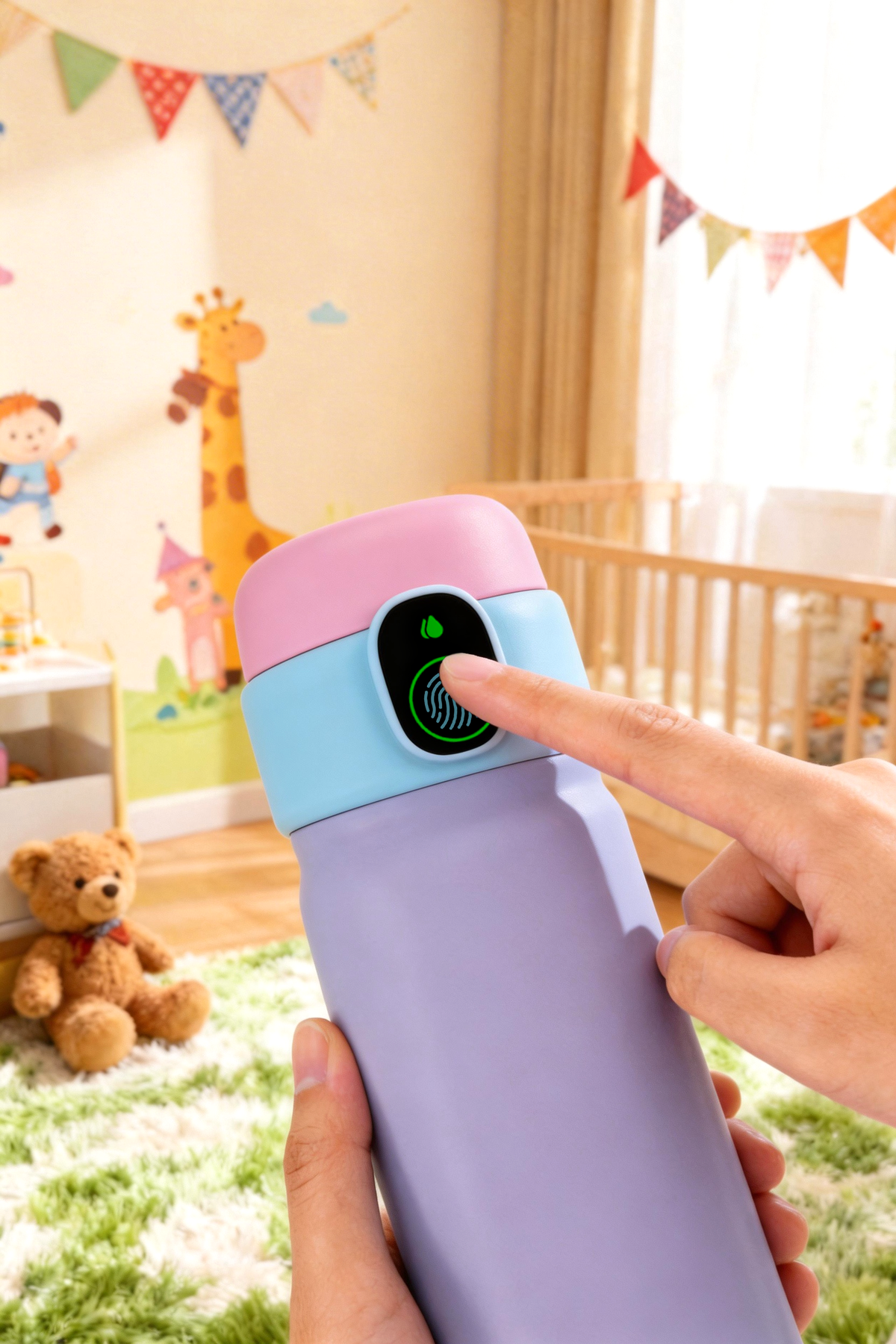 Purple water bottle with digital display held by a hand in a child's room.